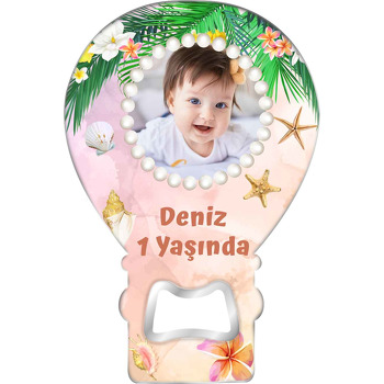 Tropikal Yapraklarla İnci Çerçeve Temalı Balon Ahşap Magnet 