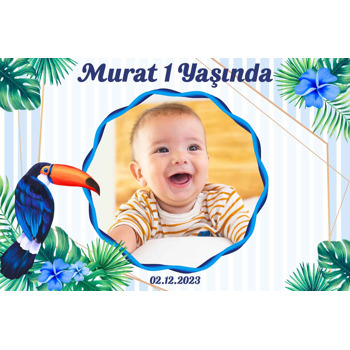 Tukan Kuşu ile Mavi Çiçekler Temalı Doğum Günü Afiş