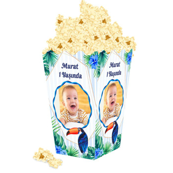 Tukan Kuşu ile Mavi Çiçekler Temalı Temalı Popcorn Kutusu
