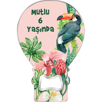 Tukan Kuşu ile Yapraklı Pembe Fon Temalı Balon Ahşap Magnet 