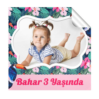 Tukan Kuşu Pembe Çiçekler Temalı Kare Parti Etiket