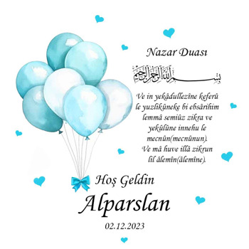 Turkuaz Balonlar ile Kalpli Nazar Duası Pleksi Magnet