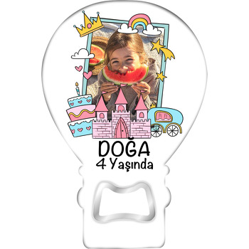 Turkuaz Çerçevede Pembe Kale Temalı Balon Ahşap Magnet 