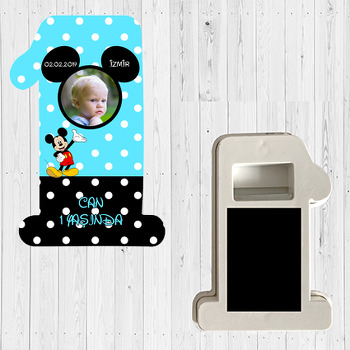 Turkuaz ve Siyah Puantiyeli Mickey Mouse Temalı Doğum Günü Magnet Açacak