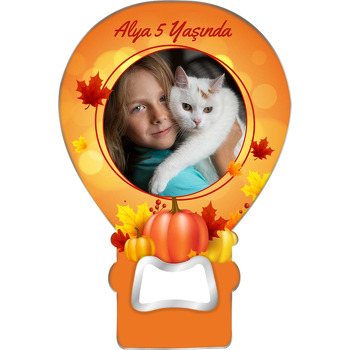 Turuncu Balkabağı ile Sonbahar Yaprakları Temalı Balon Ahşap Magnet 