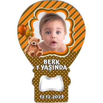 Turuncu Kahverengi Balonlu Ayıcık Temalı Balon Ahşap Magnet 