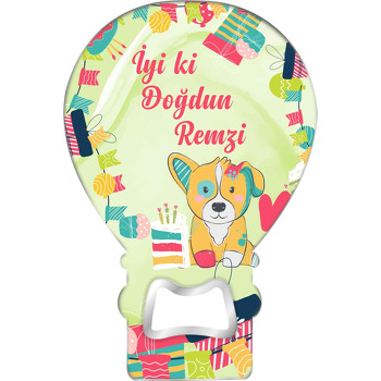 Turuncu Köpek ile Parti Desen Temalı Balon Ahşap Magnet 