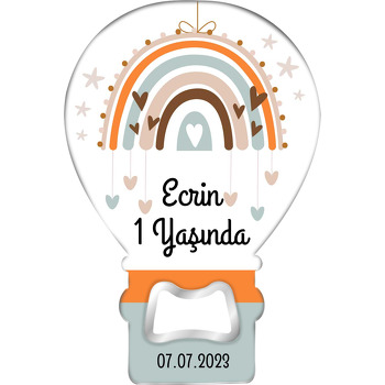 Turuncu Krem Mavi Kalpli Gökkuşağı Temalı Balon Ahşap Magnet 