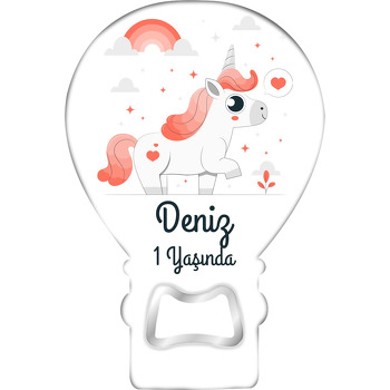 Turuncu Saçlı Beyaz Unicorn Temalı Balon Ahşap Magnet 