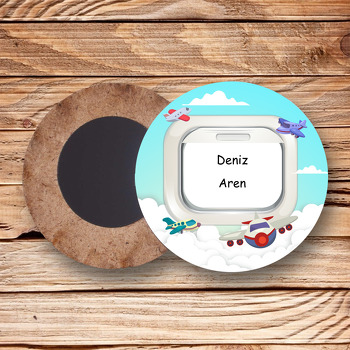 Uçak Temalı Resimli Ahşap Daire Magnet