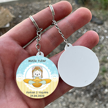 Uçaklı Ayıcık Temalı Daire Plastik Anahtarlık