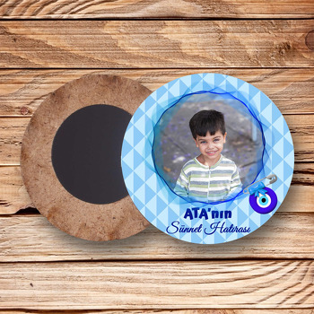 Üçgen Fonda Mavi Dalga Çerçeve ile Sünnet Nazarlık Temalı Daire Ahşap Magnet