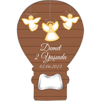 Üçlü Melekler ile Ahşap Fon Temalı Balon Ahşap Magnet 