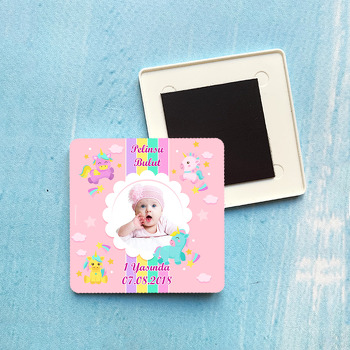 Unicorn Gökkuşağı Temalı Doğum Günü Plastik Kare Magnet