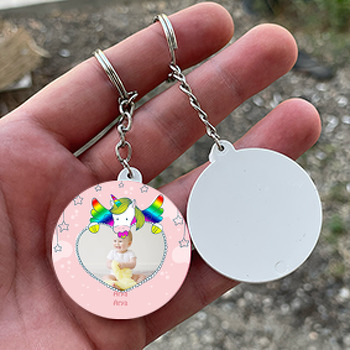 Unicorn Gökkuşağı Temalı Resimli Daire Plastik Anahtarlık