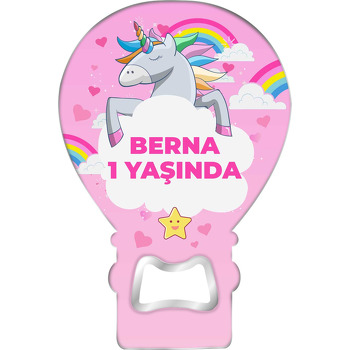 Unicorn ile Bulut Çerçeve Pembe Fon Temalı Balon Ahşap Magnet 