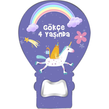 Unicorn ile Kedi Temalı Balon Ahşap Magnet 