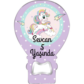 Unicorn ile Mor Yıldızlı Fon Temalı Balon Ahşap Magnet 