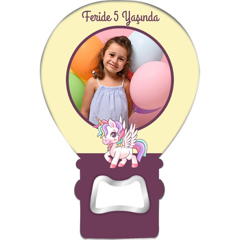 Unicorn ile Mürdüm Çerçeve Temalı Balon Ahşap Magnet 