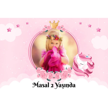 Unicorn ile Pembe Bulutlar Temalı Doğum Günü Magnet