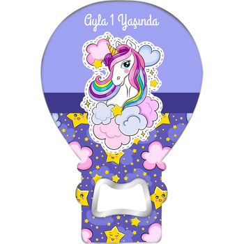 Unicorn ile Yıldızlı Mor Fon Temalı Balon Ahşap Magnet 