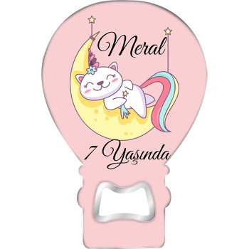 Unicorn Kedi Ayda Temalı Balon Ahşap Magnet 