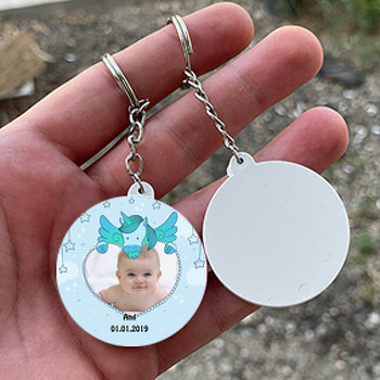 Unicorn Mavi Temalı Resimli Daire Plastik Anahtarlık