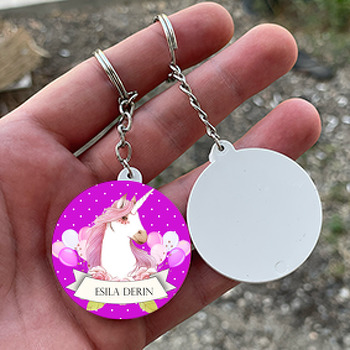 Unicorn Mor Temalı Daire Plastik Anahtarlık