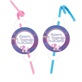 Unicorn Mor Temalı Pipet ve Kartı