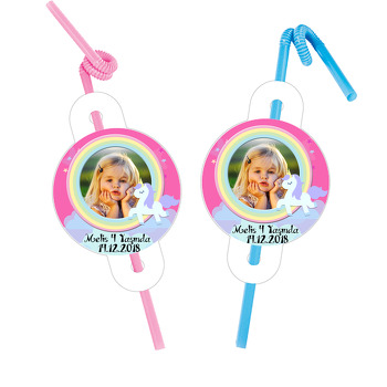 Unicorn Pink  Temalı Resimli Pipet ve Kartı