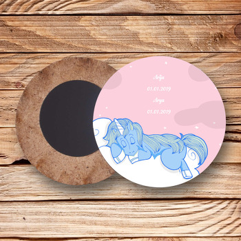 Unicorn Temalı Ahşap Daire Magnet