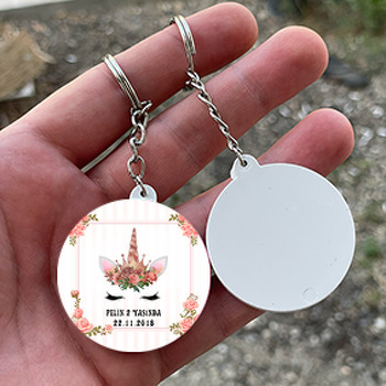 Unicorn Temalı Çiçekli  Daire Plastik Anahtarlık