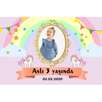 Unicorn ve Gökkuşağı Temalı Doğum Günü Magnet