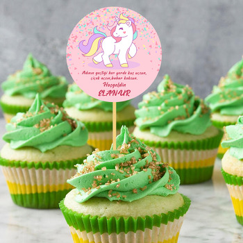 Unicorn ve Konfeti Pembe Fon Temalı Parti Kürdan Süs