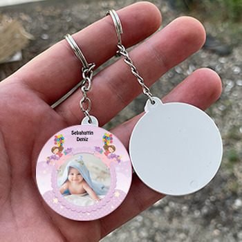 Unicorn ve Prenses Temalı Resimli Daire Plastik Anahtarlık