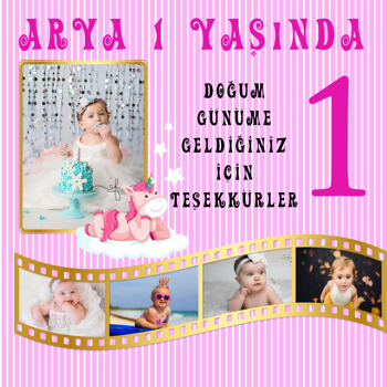 Unicornlu Gold Film Şeridi ve Pembe Çizgili Temalı Kare Doğum Günü Parti Afiş