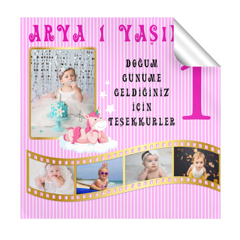 Unicornlu Gold Film Şeridi ve Pembe Çizgili Temalı Kare Parti Etiket
