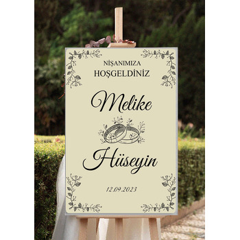 Yaprak Dalları ile Alyans Krem Fon Temalı Söz Nişan Nikah Dekota Karşılama Panosu