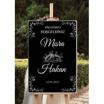 Yaprak Dalları ile Alyans Siyah Fon Temalı Söz Nişan Nikah Dekota Karşılama Panosu