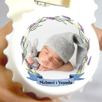 Yapraklar ve Lavanta Çerçeve ile Mavi Flama Temalı Kapak Şekilli Magnet Açacak
