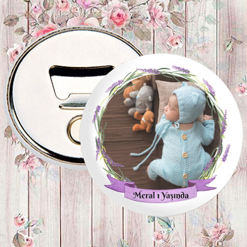 Yapraklar ve Lavanta Çerçeve ile Mor Flama Temalı Hoşgeldin Bebek Magnet Açacak