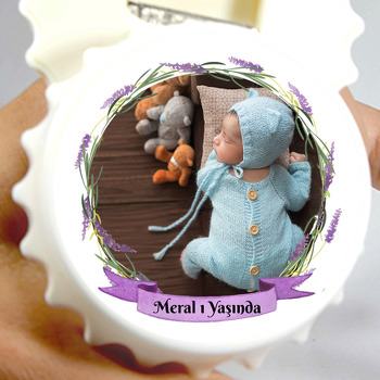 Yapraklar ve Lavanta Çerçeve ile Mor Flama Temalı Kapak Şekilli Magnet Açacak