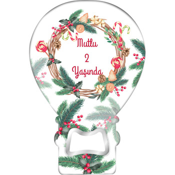 Yeni Yıl Çerçevesi ile Şekerlemeler Temalı Balon Ahşap Magnet 