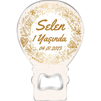 Yeniyıl Eşyaları ile Çizgisel Çerçeve Temalı Balon Ahşap Magnet 