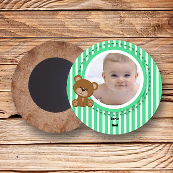  Yeşil Ayıcık Temalı Doğum Günü Ahşap Daire Magnet