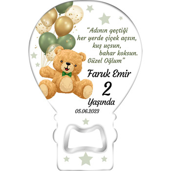 Yeşil Balonlu Papyonlu Ayıcık Temalı Balon Ahşap Magnet 