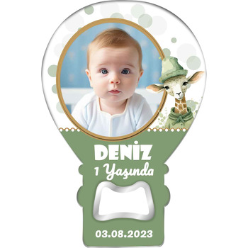 Yeşil Bordür ile Şapkalı Zürafa Temalı Balon Ahşap Magnet 