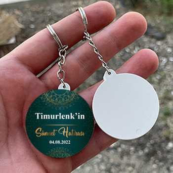 Yeşil Degradeli Fonda Gold Mandala ile Sünnet  Temalı Daire Plastik Anahtarlık