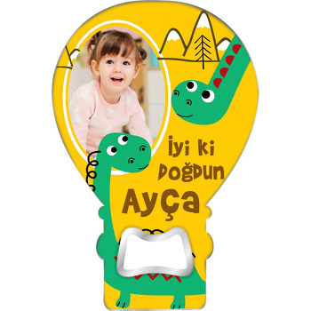 Yeşil Dinazorlar ile Sarı Fon Temalı Balon Ahşap Magnet 