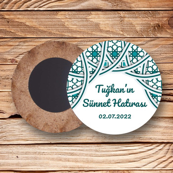 Yeşil Kündekari Desen ile Sünnet Temalı Daire Ahşap Magnet
